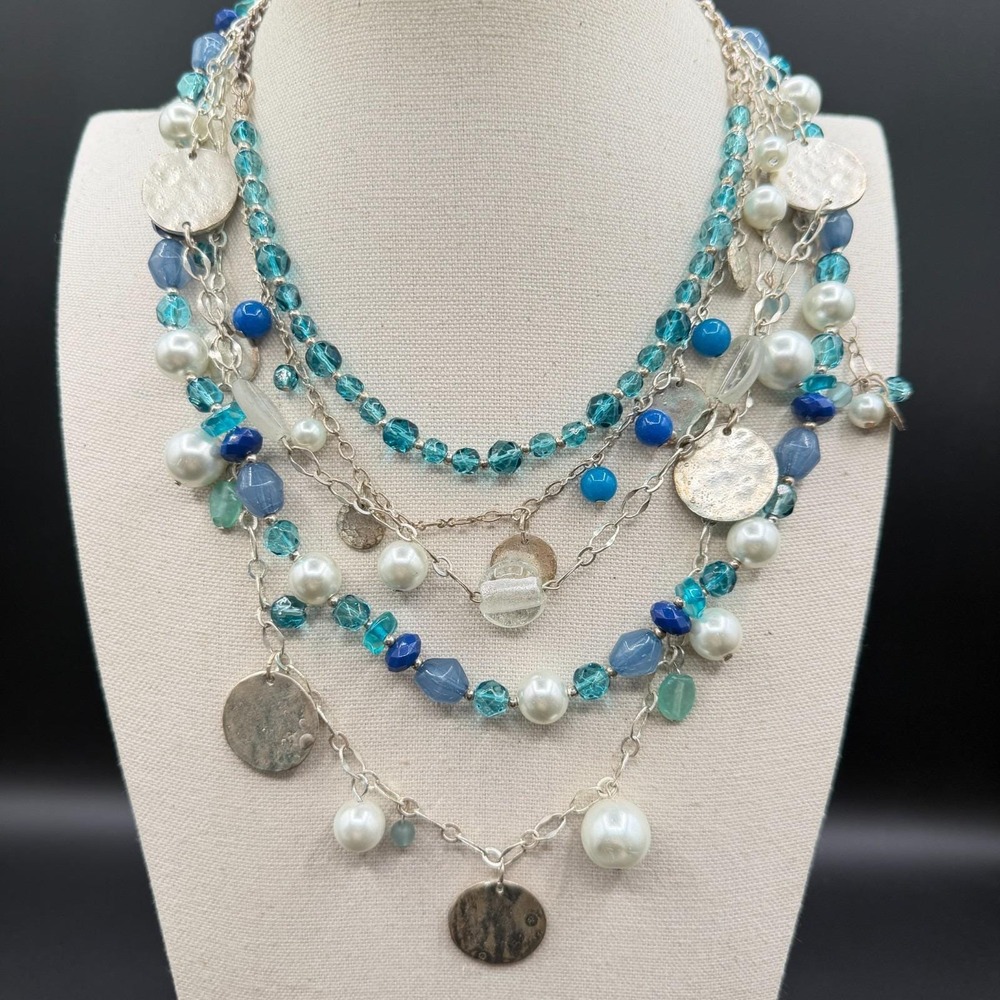 Layered Aqua Blue Faux Pearl Beaded Silver Tone Coin Charm Statement Necklace